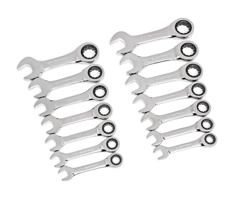 GearWrench 14 pc 12-point stubby set demonstrates compact access in tight spaces for quick adjustments.