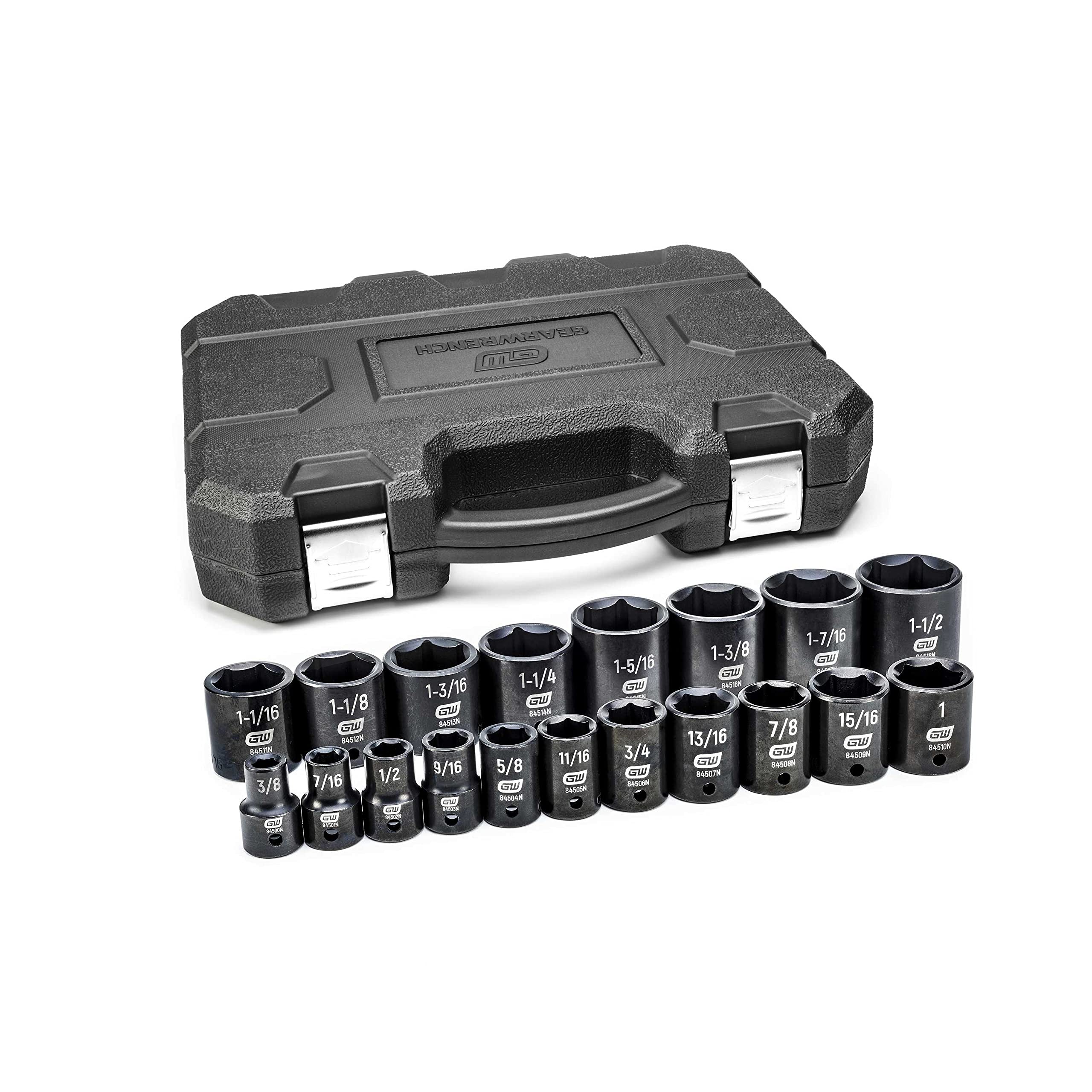 GearWrench 19-piece 1/2-inch drive 6-point SAE sockets arranged for fast automotive work.