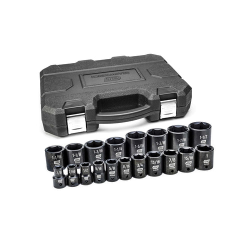 GearWrench 19-piece 1/2-inch drive 6-point SAE sockets arranged for fast automotive work.