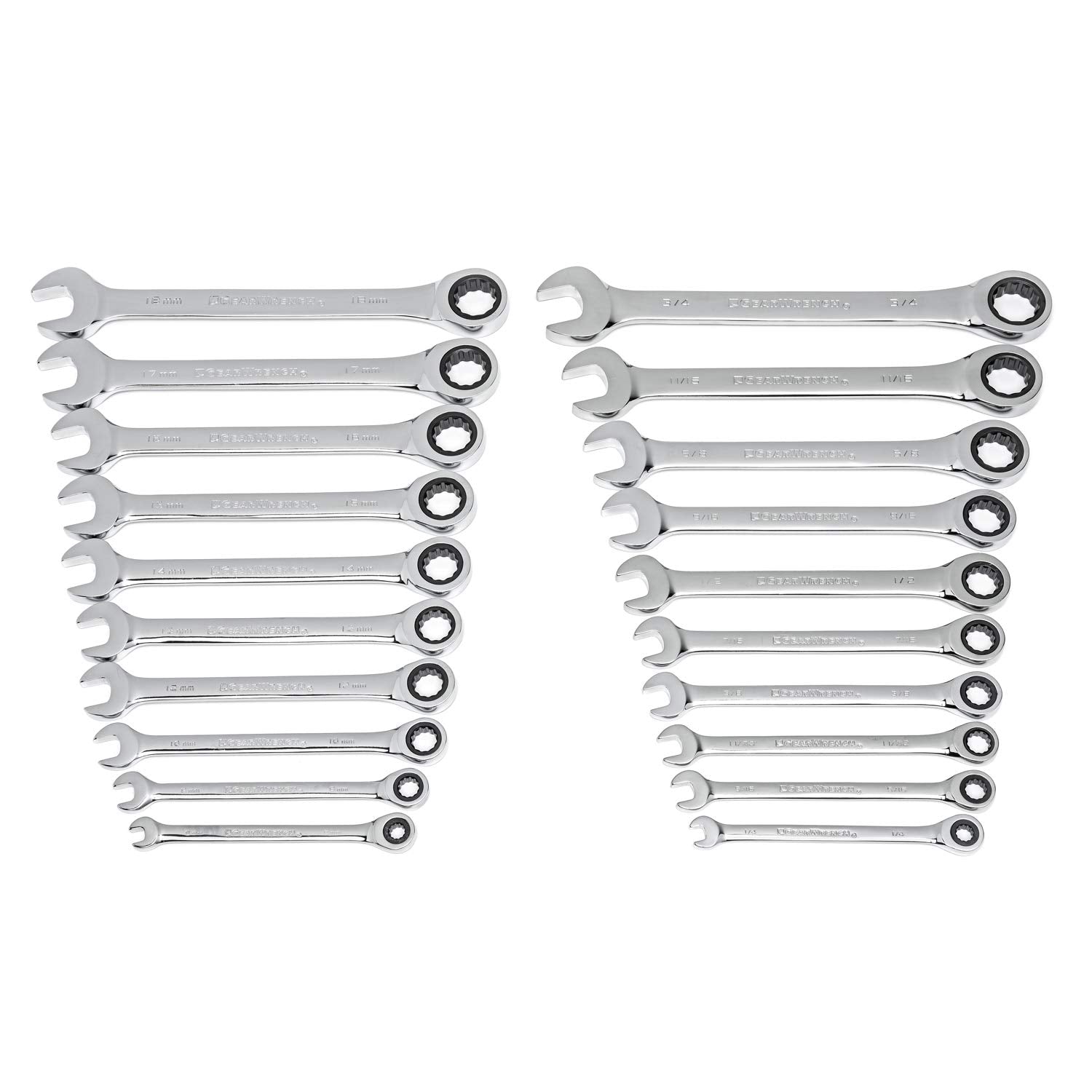 GearWrench 20-piece ratcheting set close-up showing compact design for tight spaces.