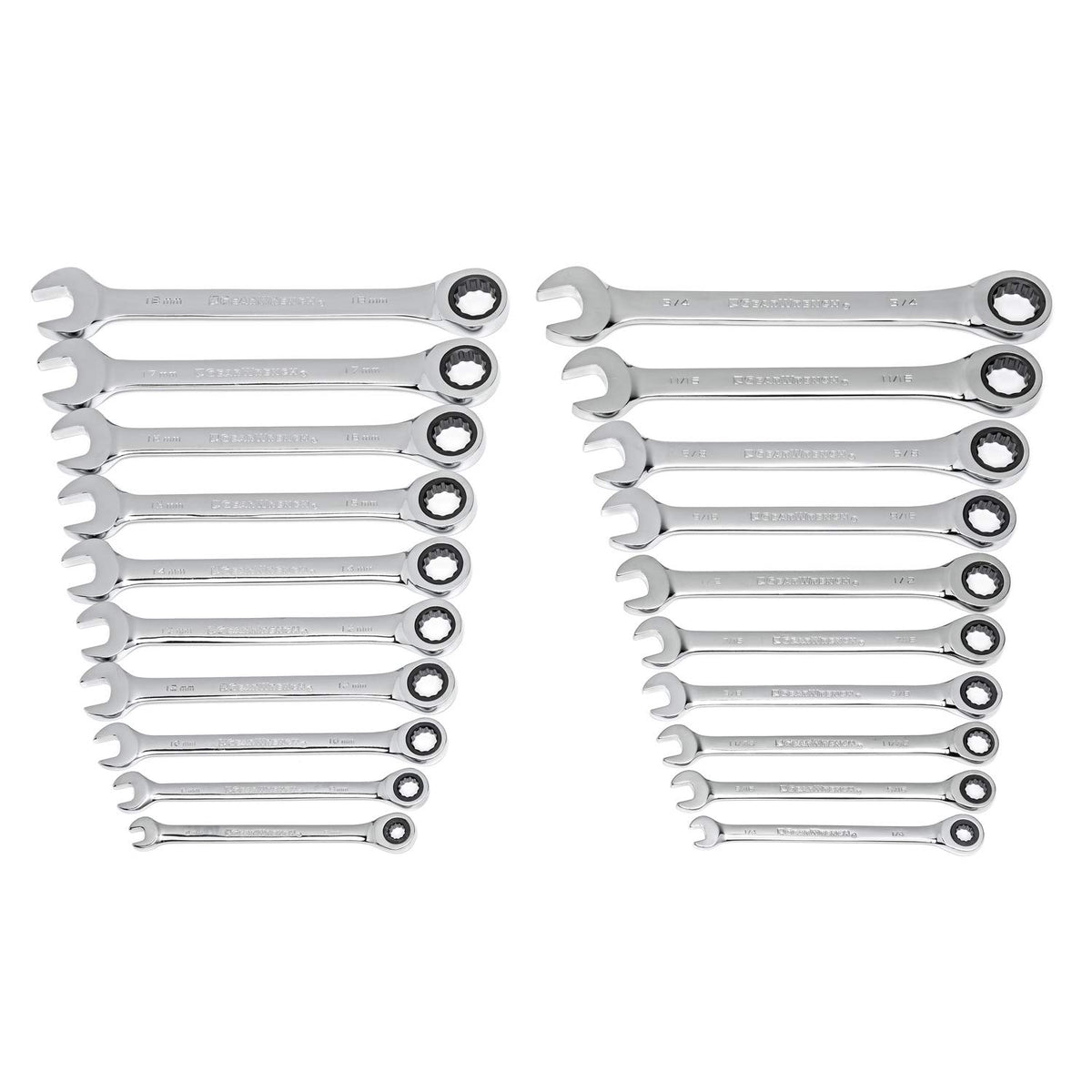 GearWrench 20-piece ratcheting set close-up showing compact design for tight spaces.