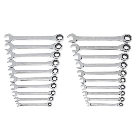 GearWrench 20-piece ratcheting set close-up showing compact design for tight spaces.