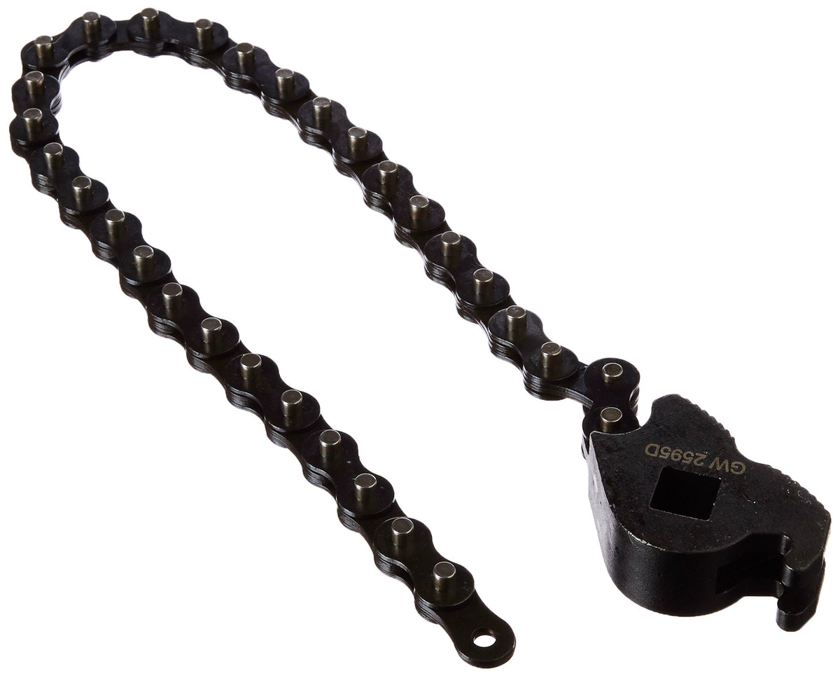 GearWrench 2595D chain wrench in wrap-around mode delivering torque on irregular shapes.