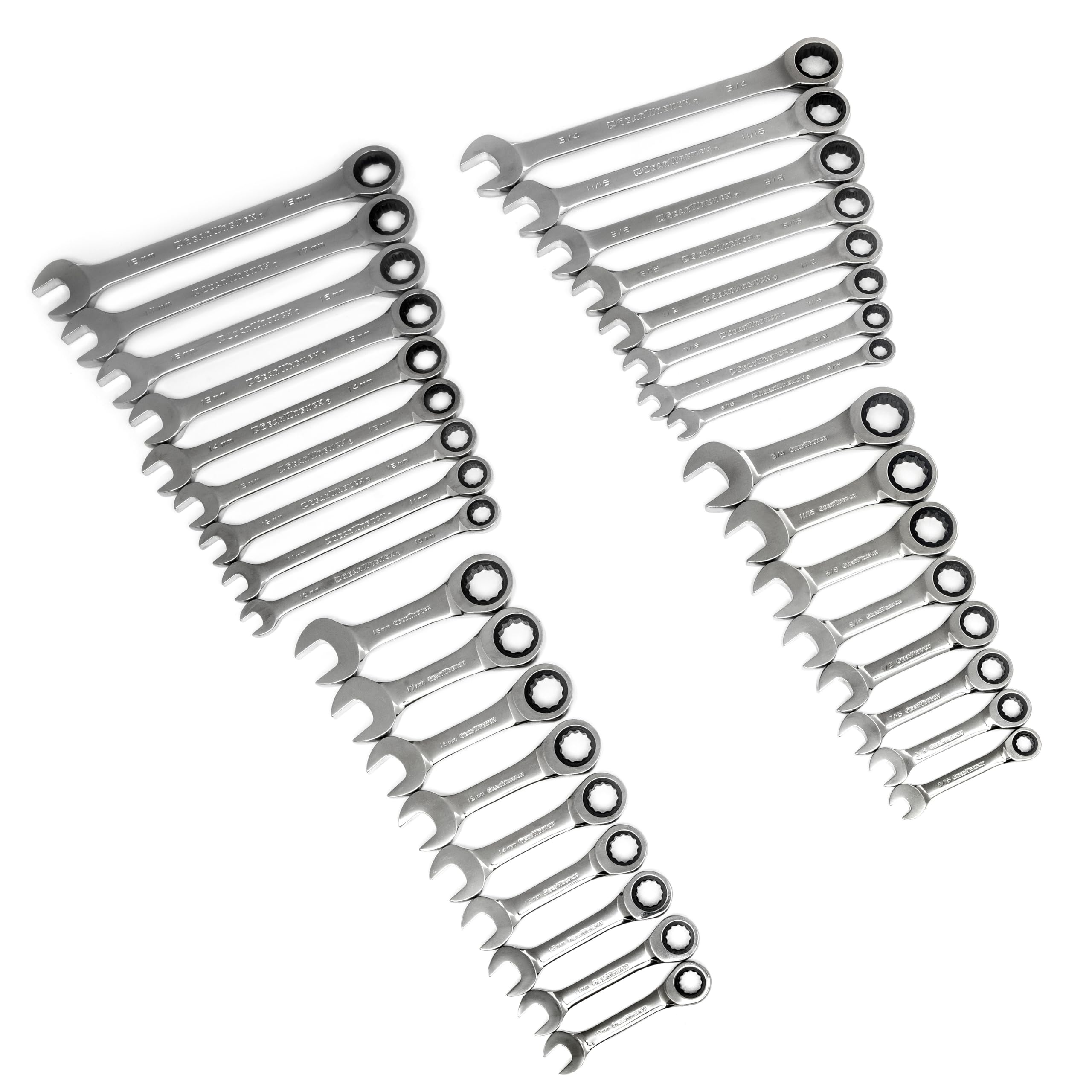GearWrench 34pc ratcheting wrench set in side view for tight-space efficiency.