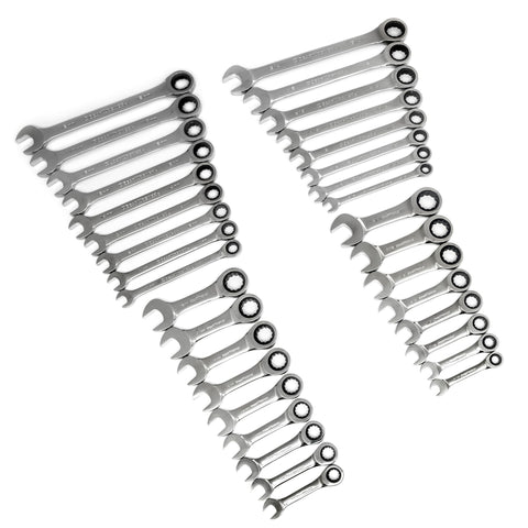 GearWrench 34pc ratcheting wrench set in side view for tight-space efficiency.