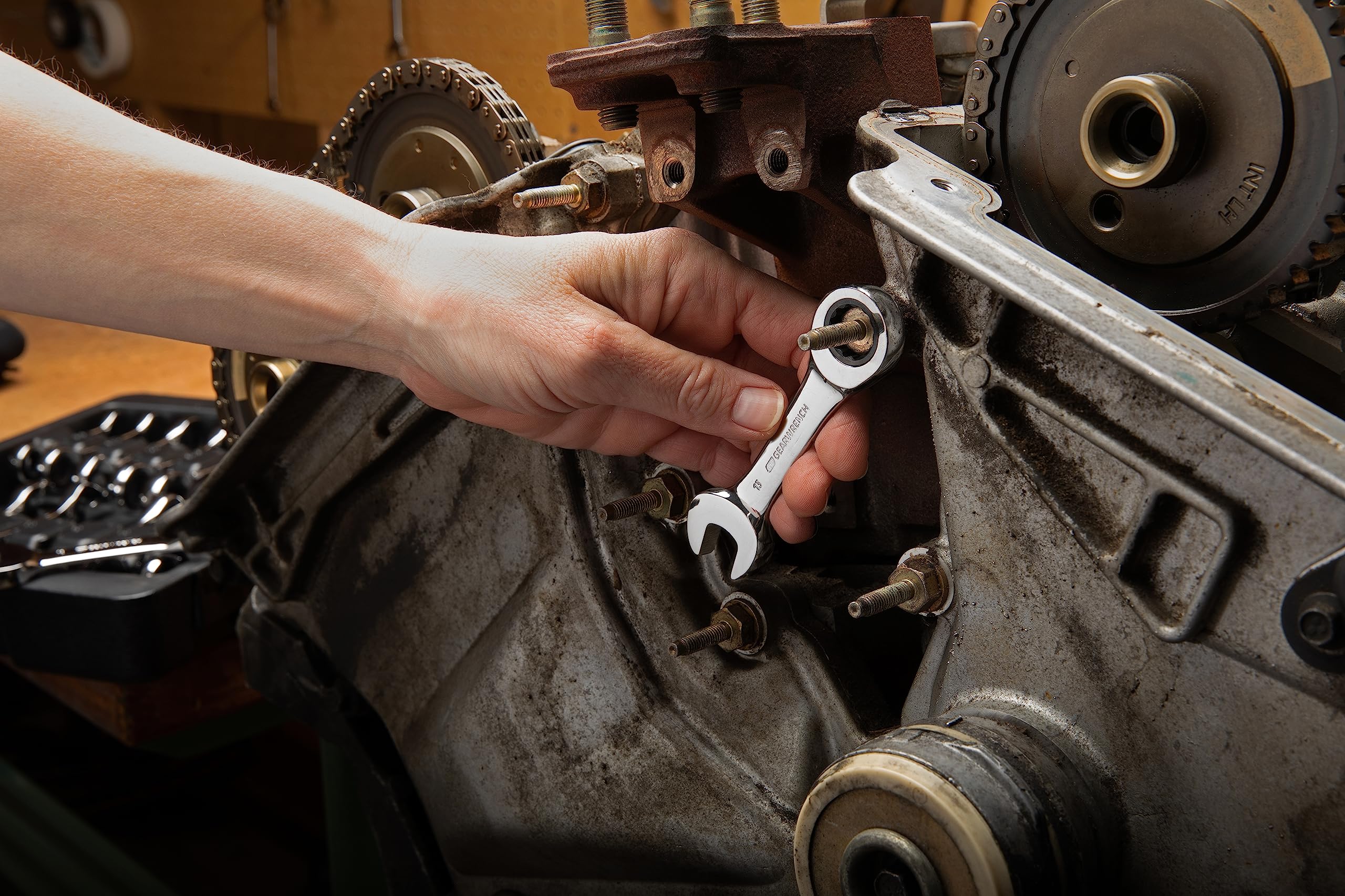 GearWrench 5-degree ratcheting arc boosts efficiency for repetitive fastening tasks.