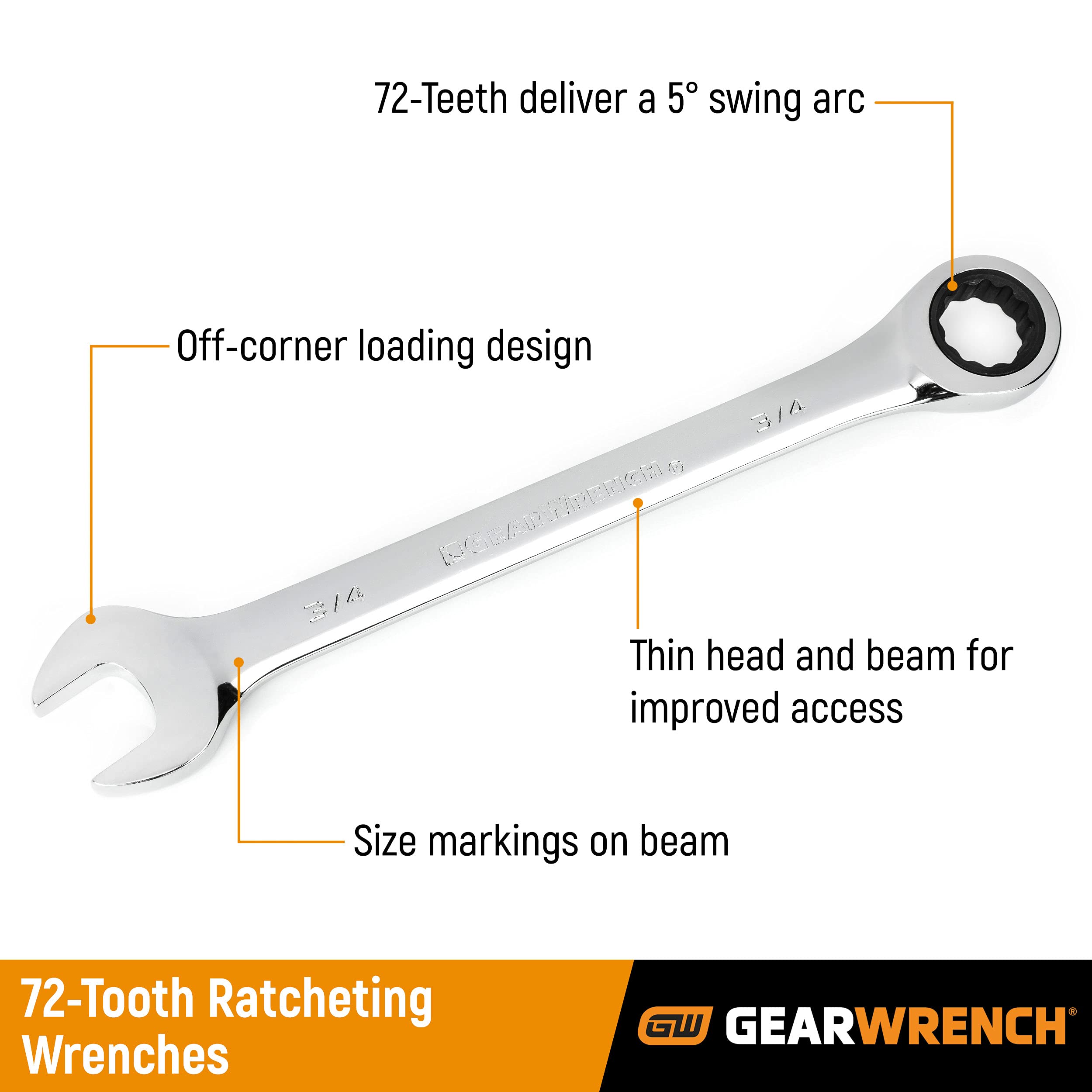 GearWrench 72-tooth ratcheting box end enables quick, smooth turns.