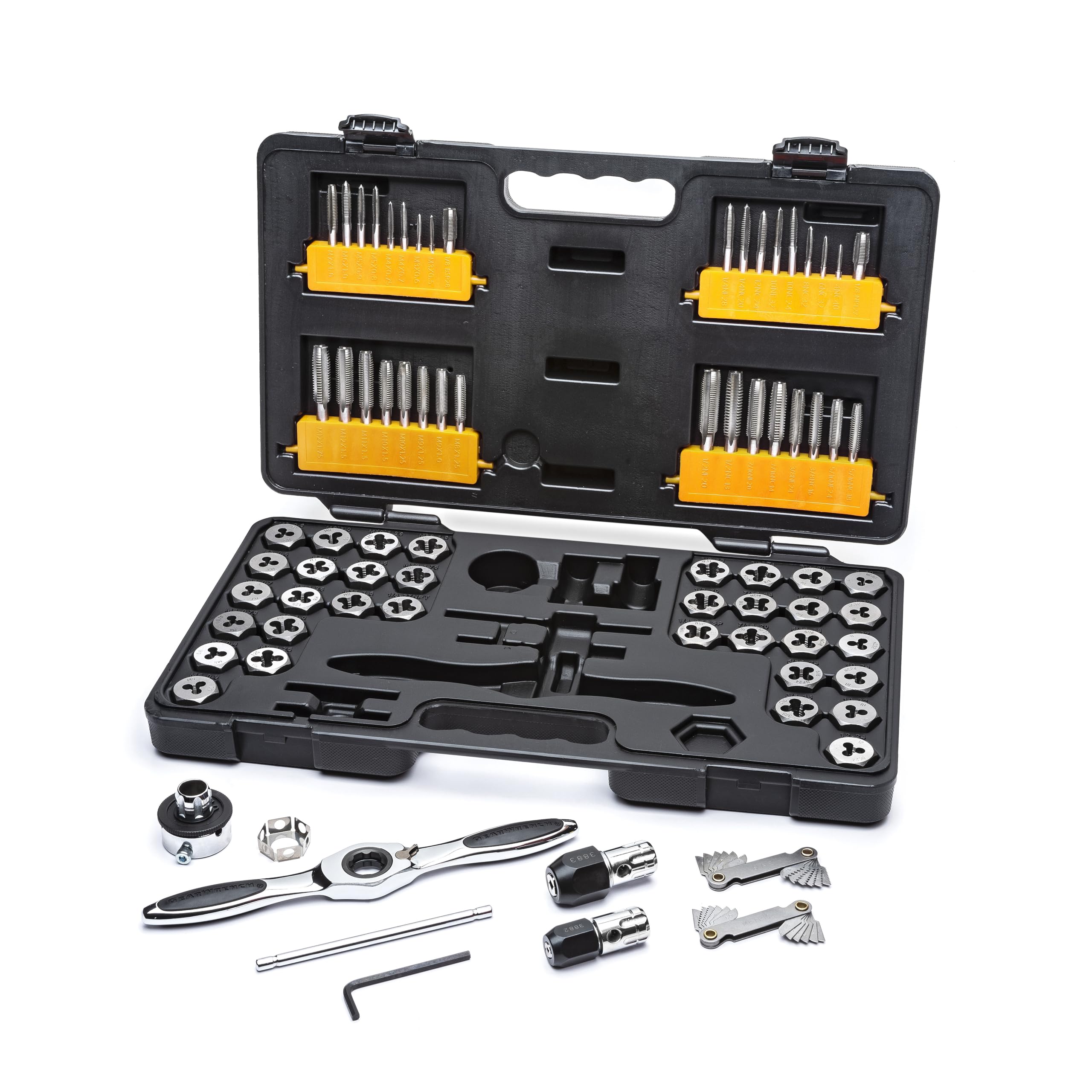 GEARWRENCH 77-piece tap and die set with ratcheting t-handle.