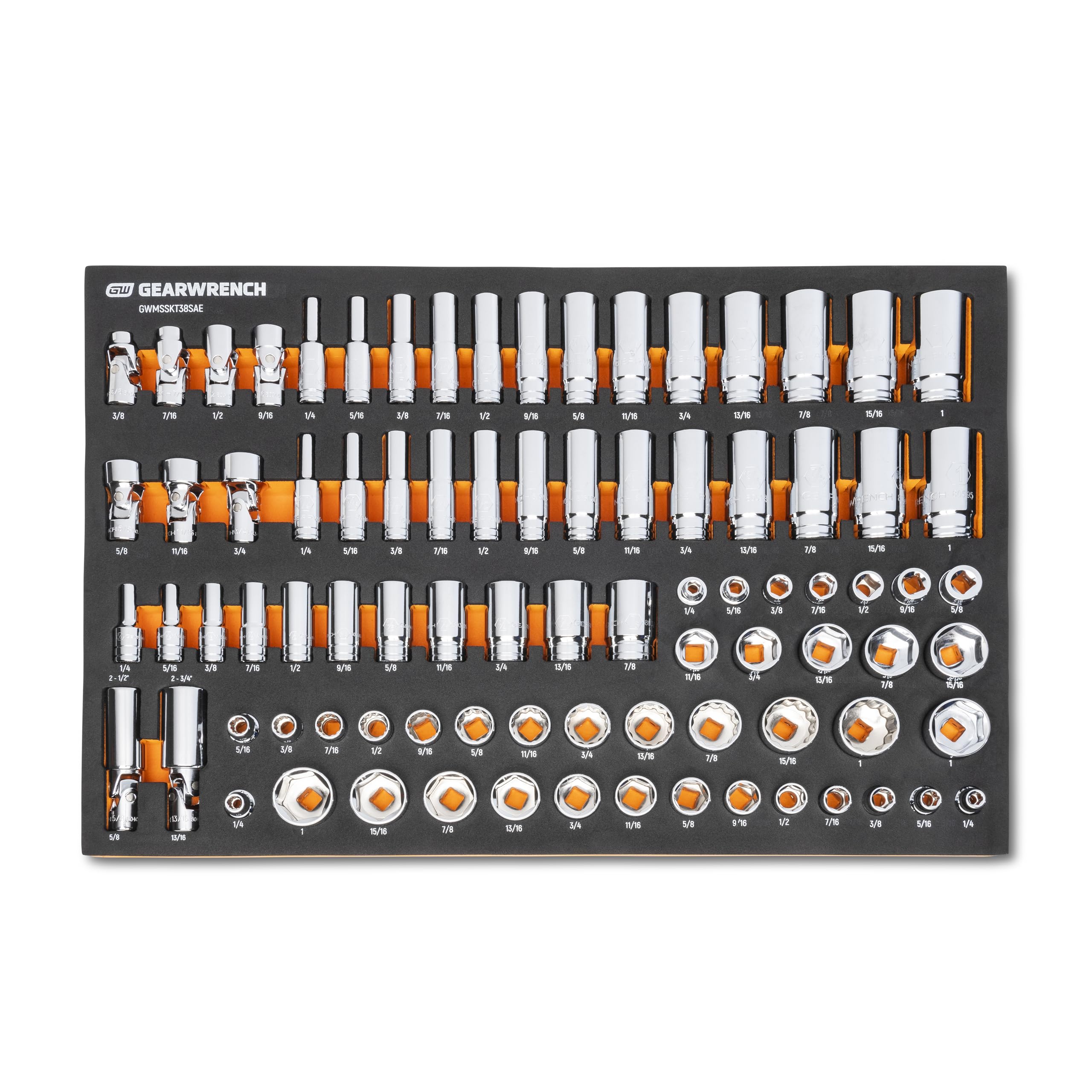 GEARWRENCH 85-piece 3/8 drive master socket set in a foam tray for quick access.