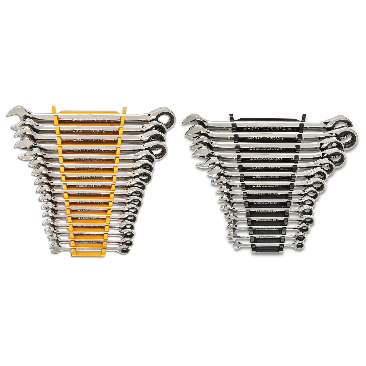 GearWrench 86702 ratcheting wrench set on rack for quick access.