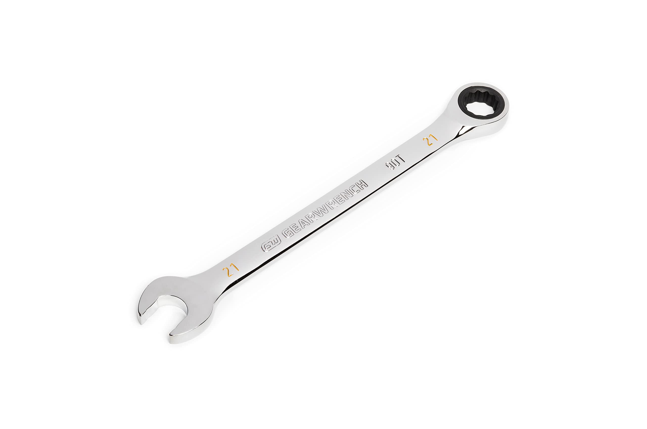 GearWrench 86921 21mm swing-arch ratcheting wrench shown for tight space access