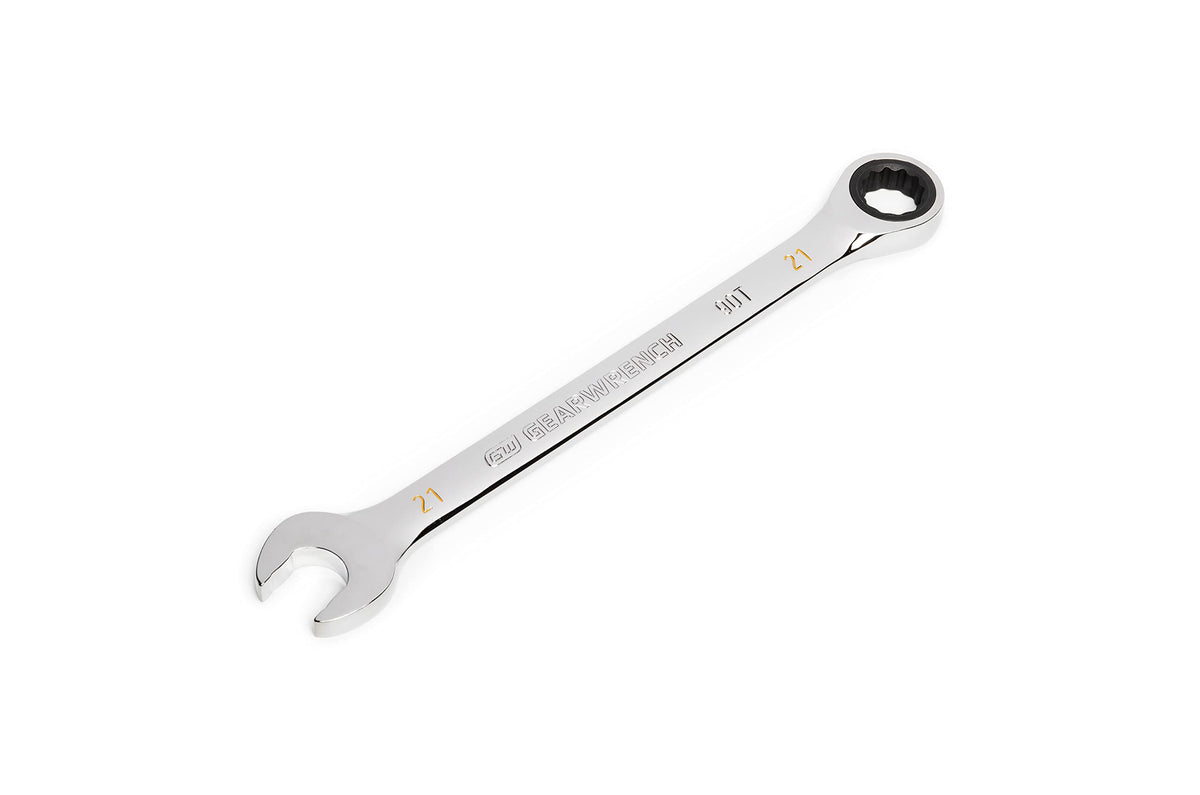 GearWrench 86921 21mm swing-arch ratcheting wrench shown for tight space access