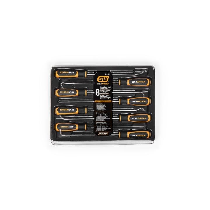 GEARWRENCH 8pc long hook and pick set 84010H oil-resistant handle lasts longer under solvents.