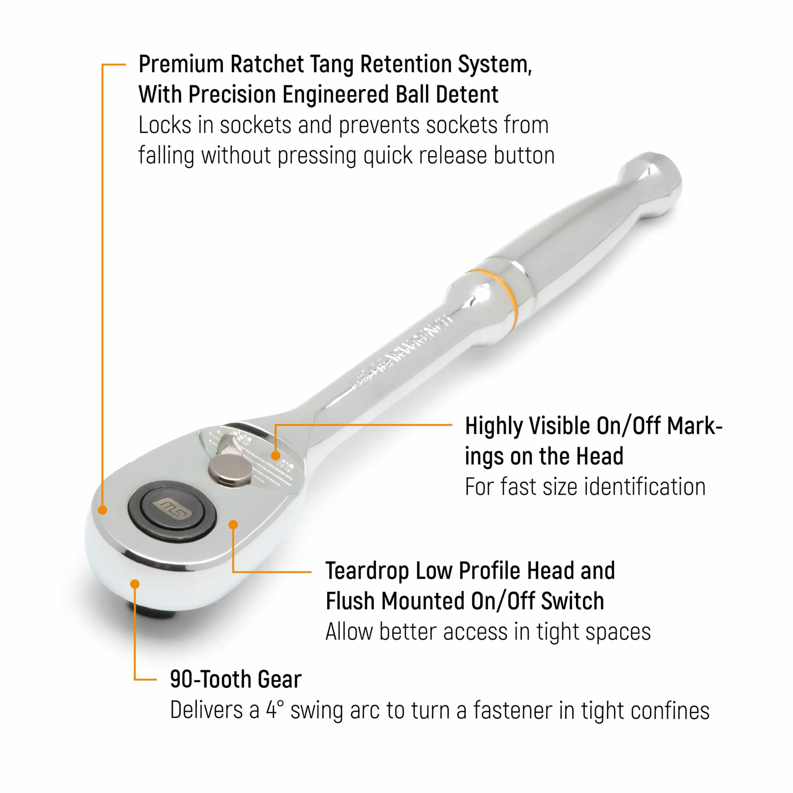GearWrench 90-tooth quick-release teardrop ratchet helps quick socket changes in tight spots.