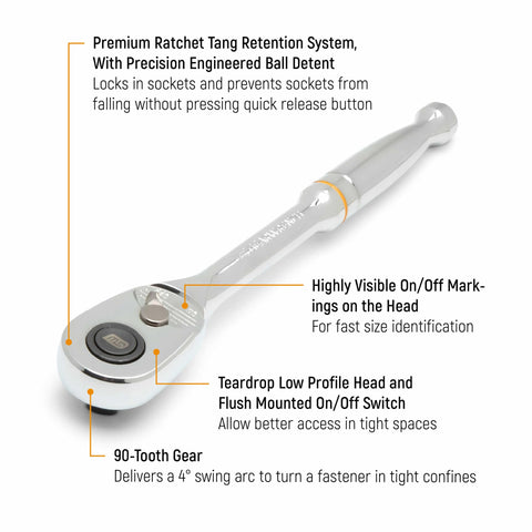 GearWrench 90-tooth quick-release teardrop ratchet helps quick socket changes in tight spots.