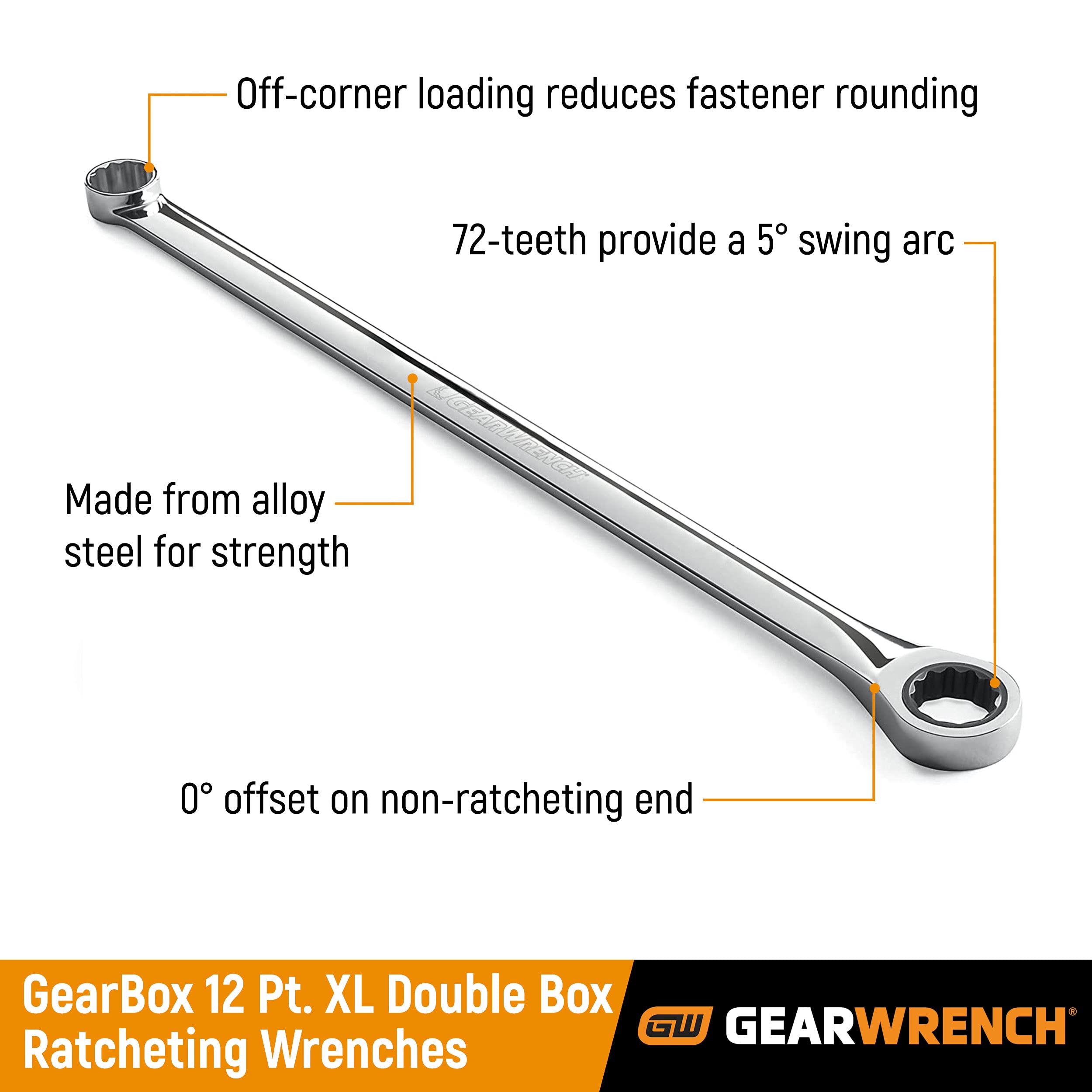GearWrench double box-end ratchet shown for quick, precise tightening and loosening.