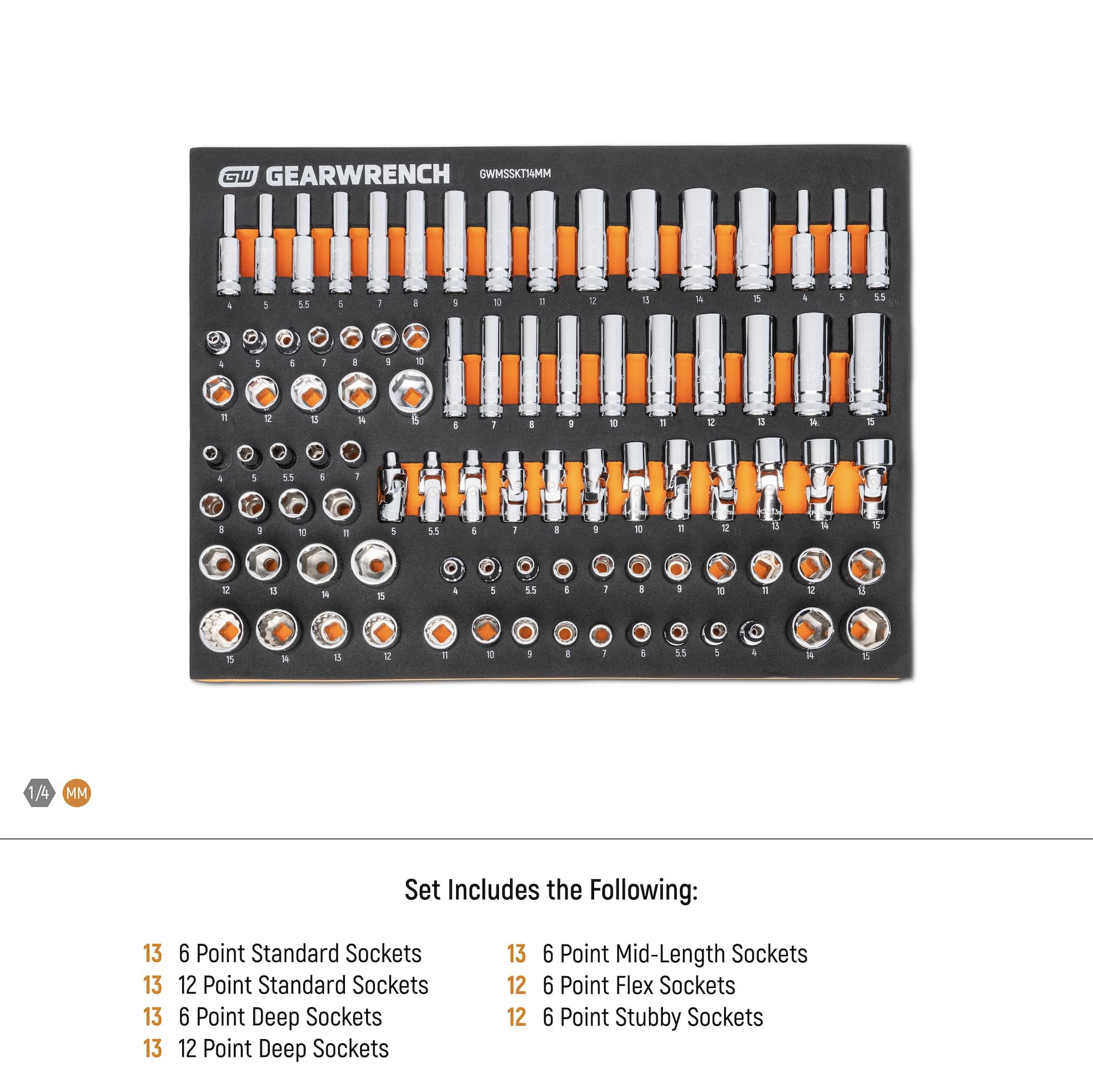 GearWrench orange and black foam tray provides high visibility for organization.