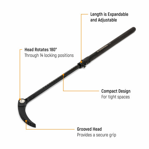 GEARWRENCH long-reach pry bar reduces tool repositioning during tasks.