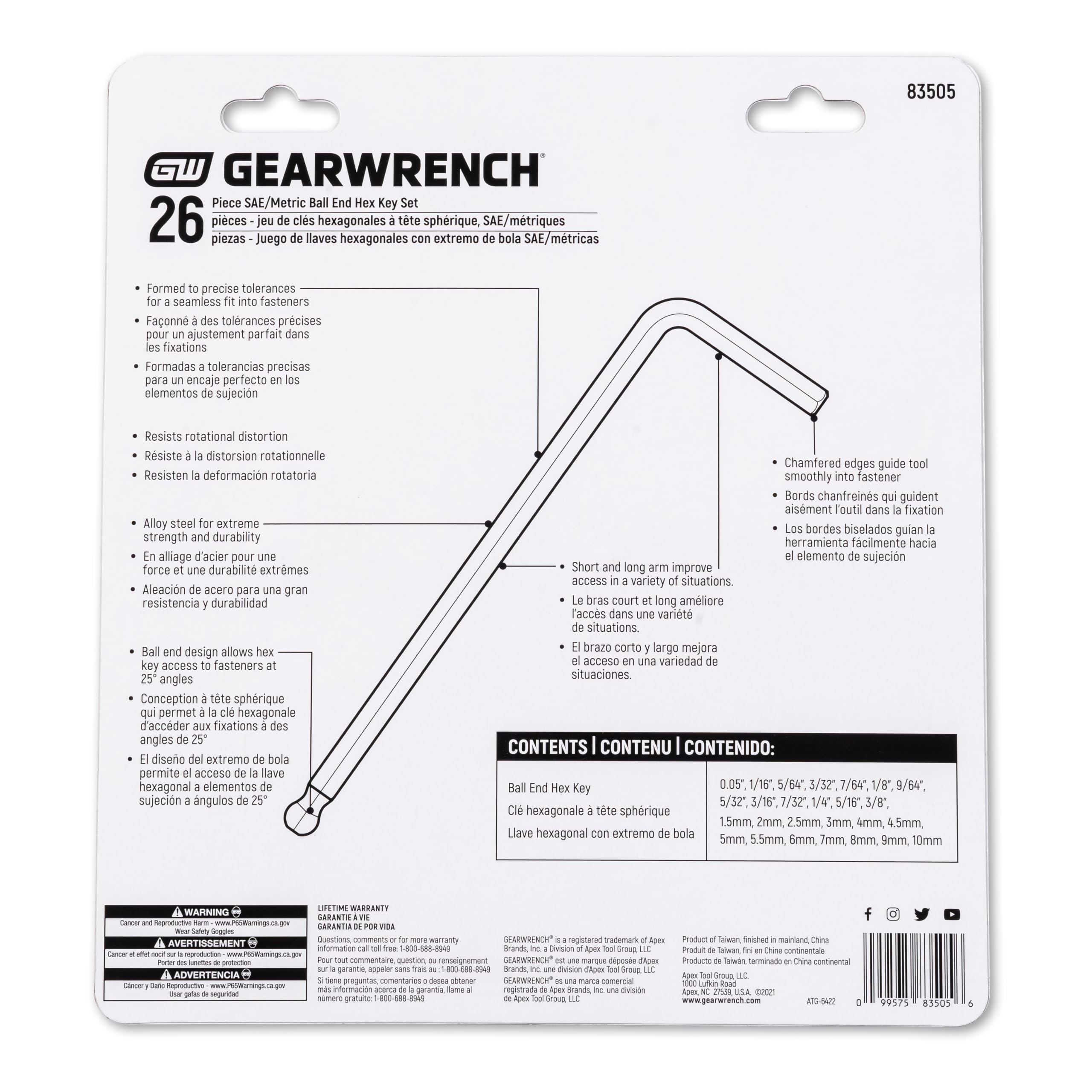 SAE and metric compatibility covers common fasteners with GearWrench hex keys.