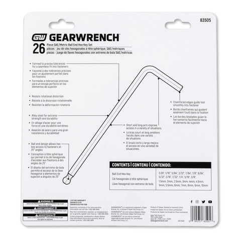 SAE and metric compatibility covers common fasteners with GearWrench hex keys.