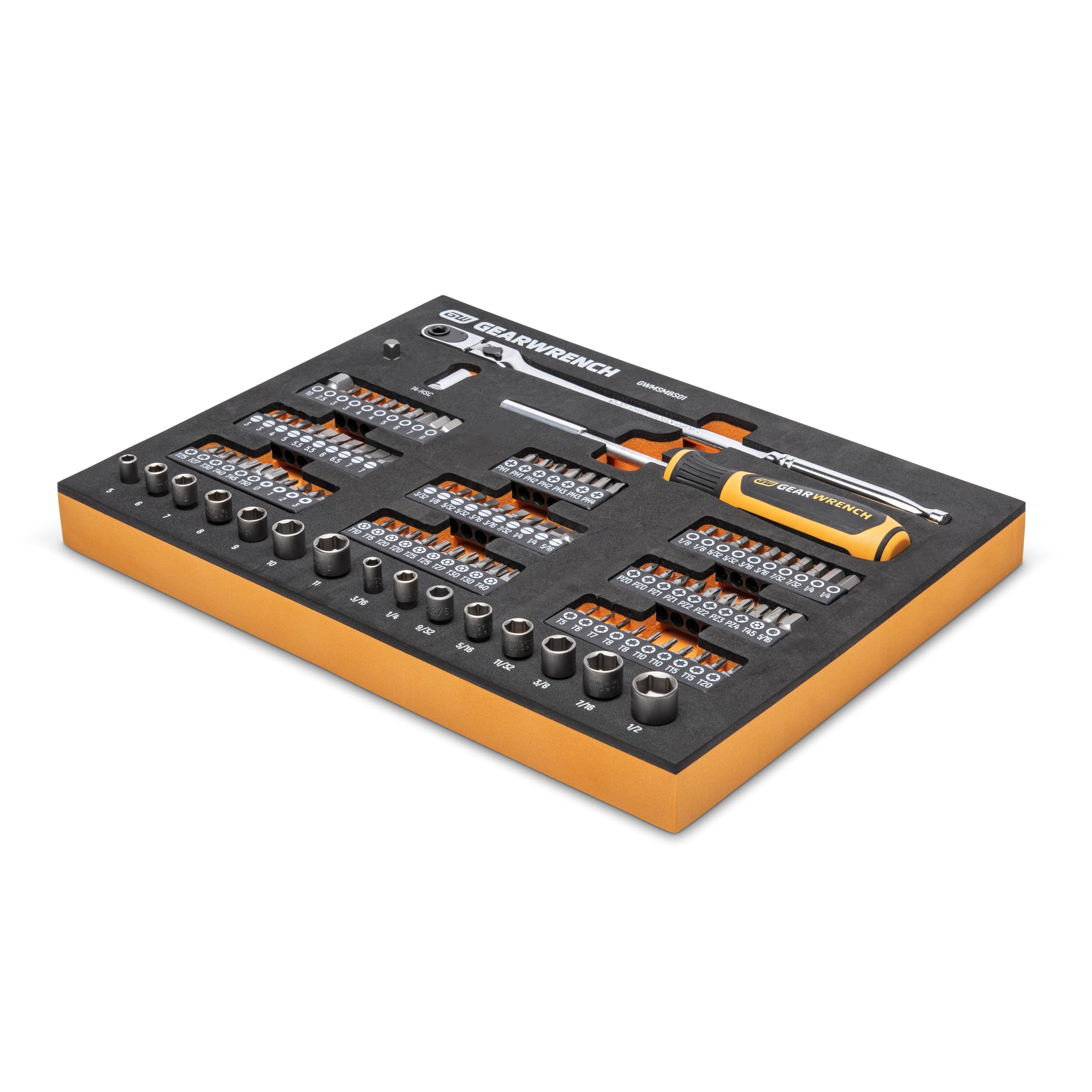 GearWrench slim-head ratchet with 5-degree swing for tight access.