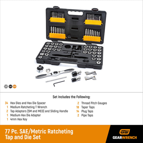GearWrench tap and die kit shown with centered dies and guides.