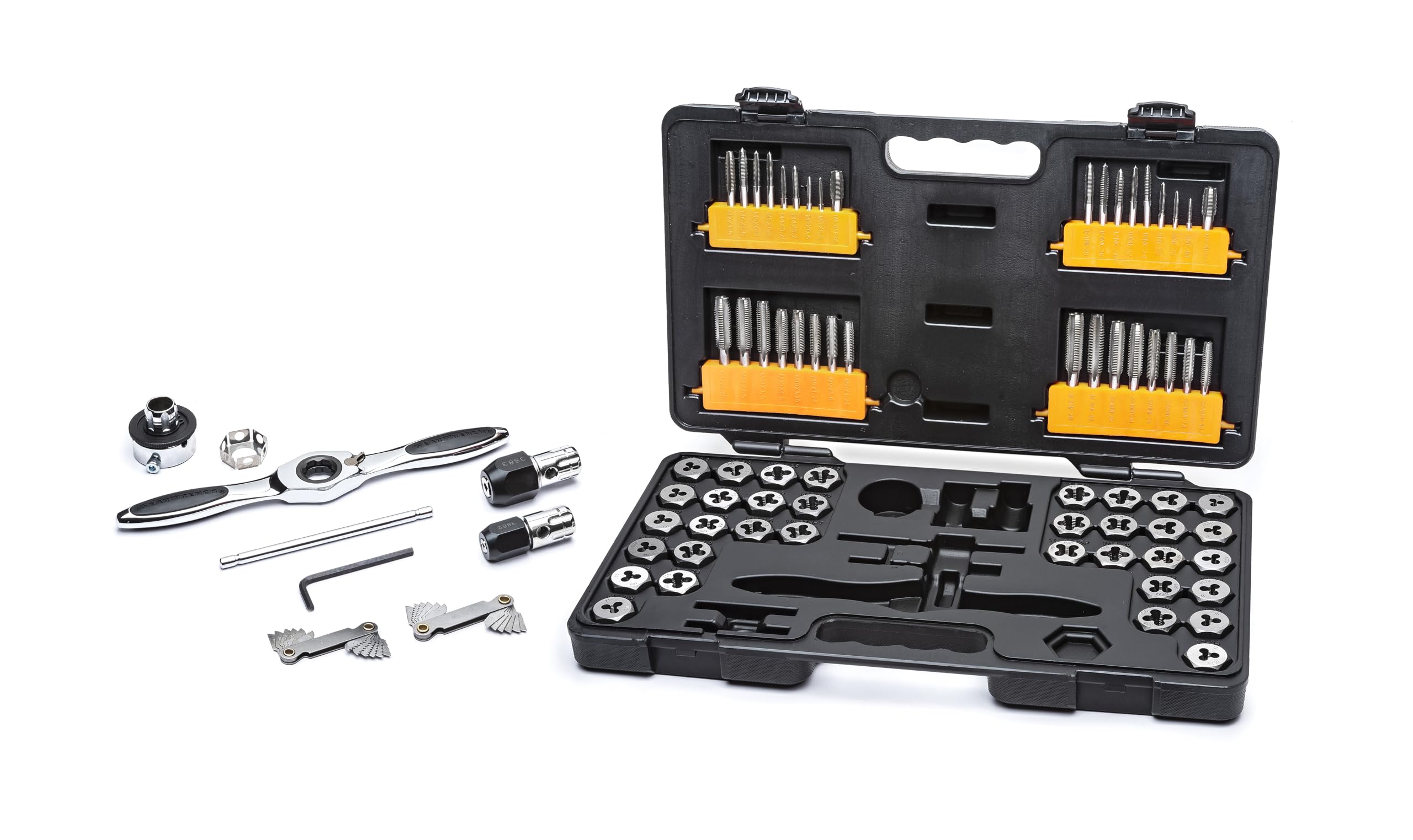 GearWrench tap and die set with twist-lock guide keeping dies centered during cutting.