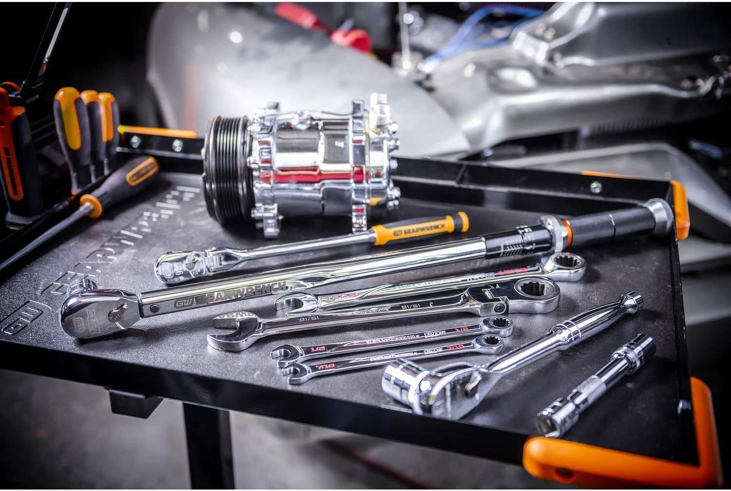 GearWrench height-adjustable work table adapts from 35 to 48 inches.