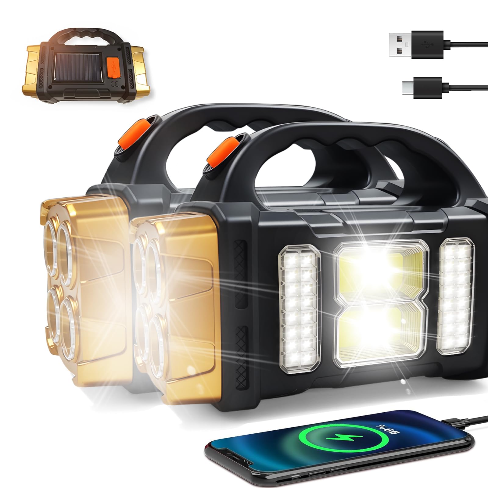 GEEBONFLUGENS solar flashlight front view for outdoor portable lighting.