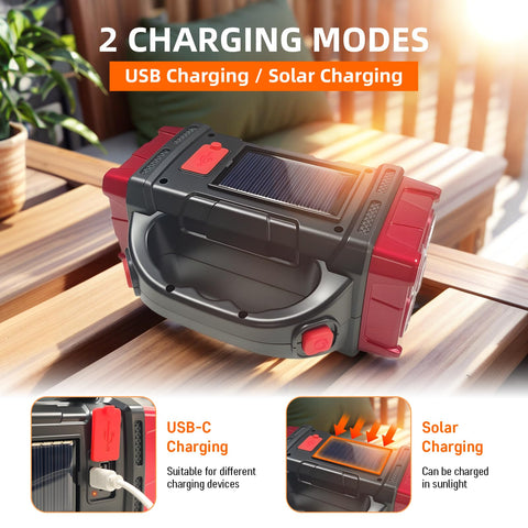 GEEBONFLUGENS solar flashlight USB charging port for quick device top-ups.
