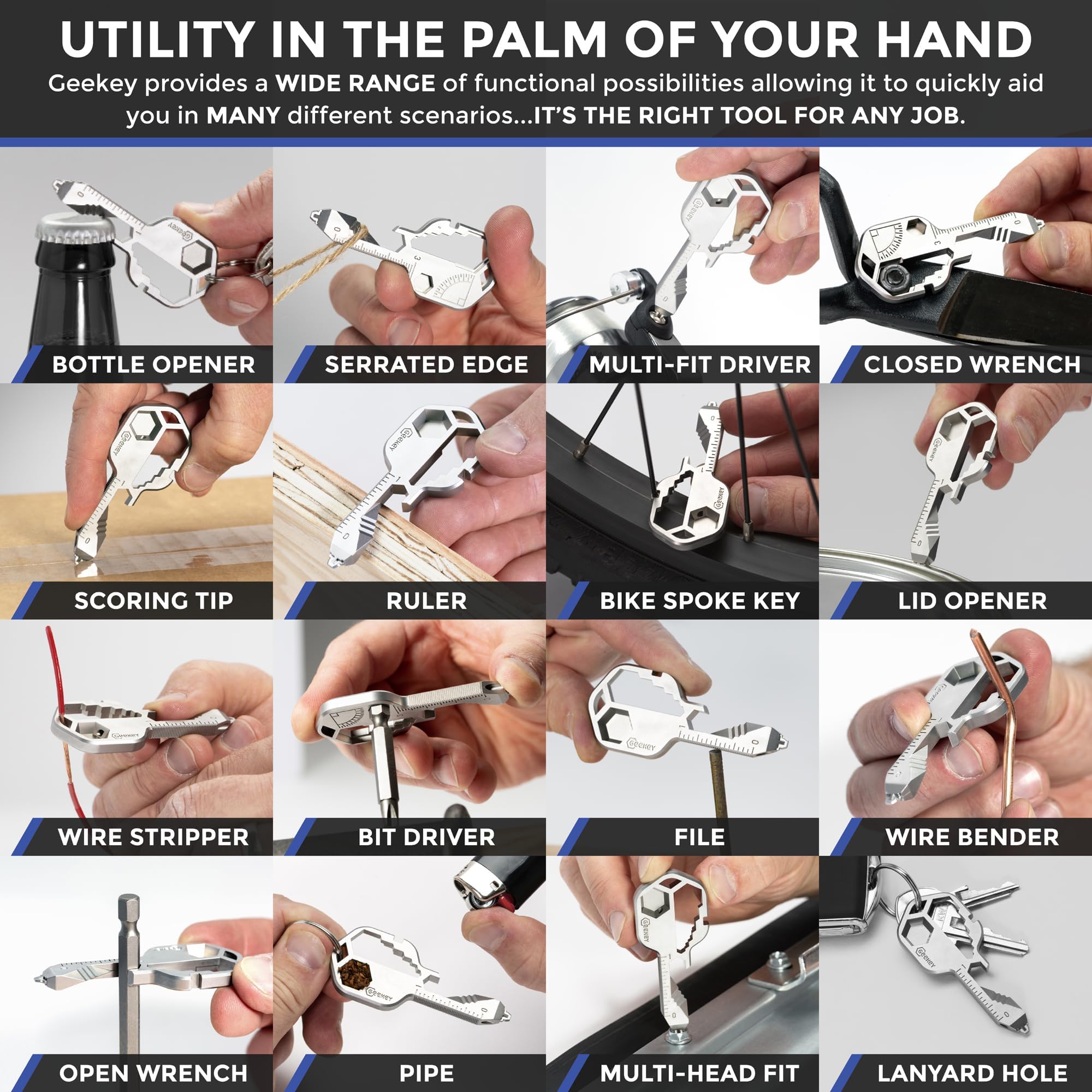 Geekey multitool opened to show 16 tools for on-the-go tasks.