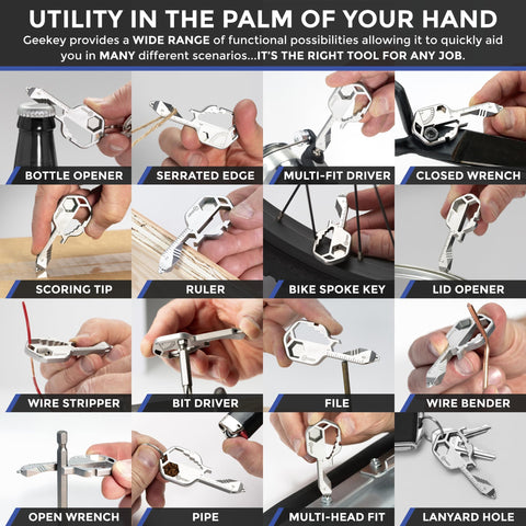 Geekey multitool opened to show 16 tools for on-the-go tasks.