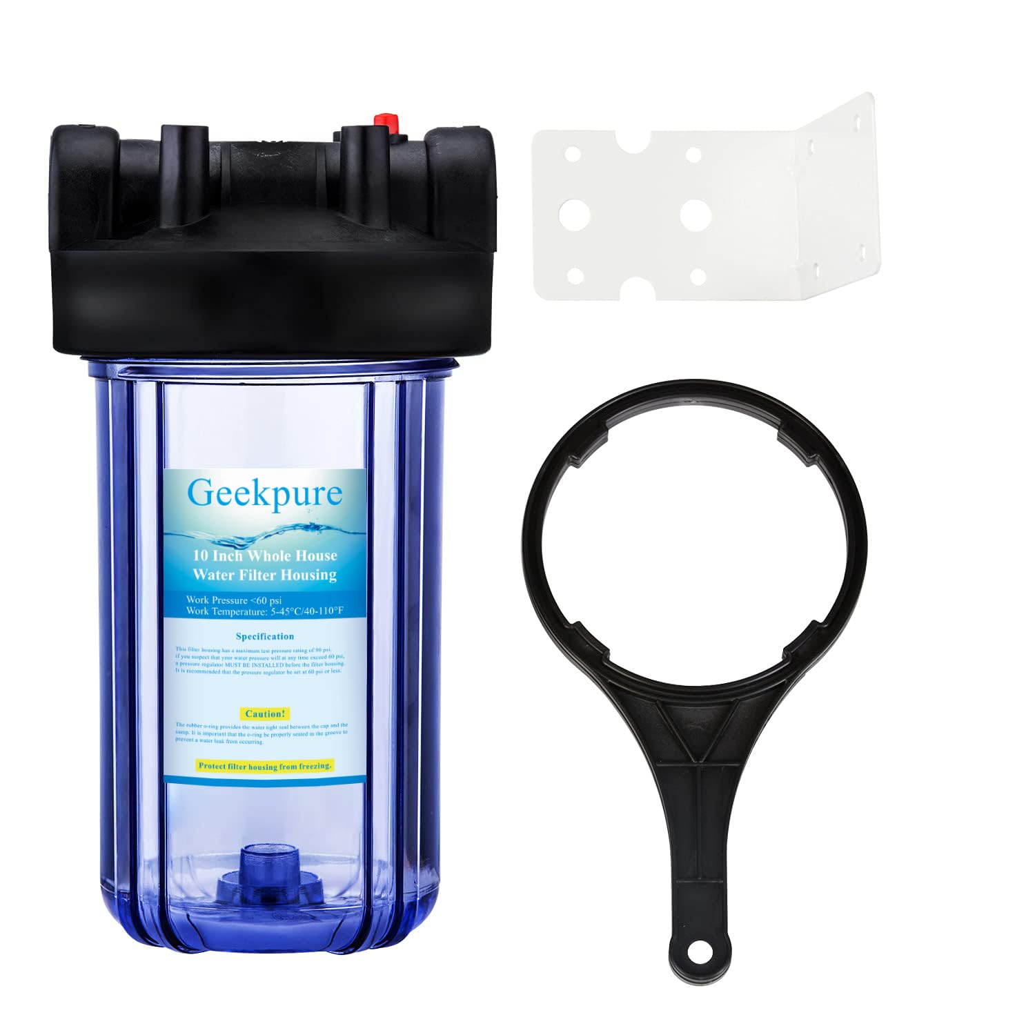 Geekpure 10-inch clear housing front view showing transparent chamber for easy filter status