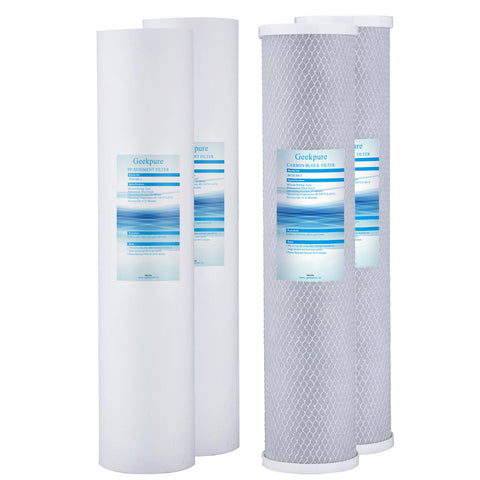 Geekpure 4-pack 20-inch filters ready for whole-house installation to upgrade water filtration.