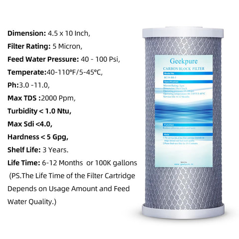 Geekpure carbon-block filter installed in a standard 4.5 x 10 inch housing