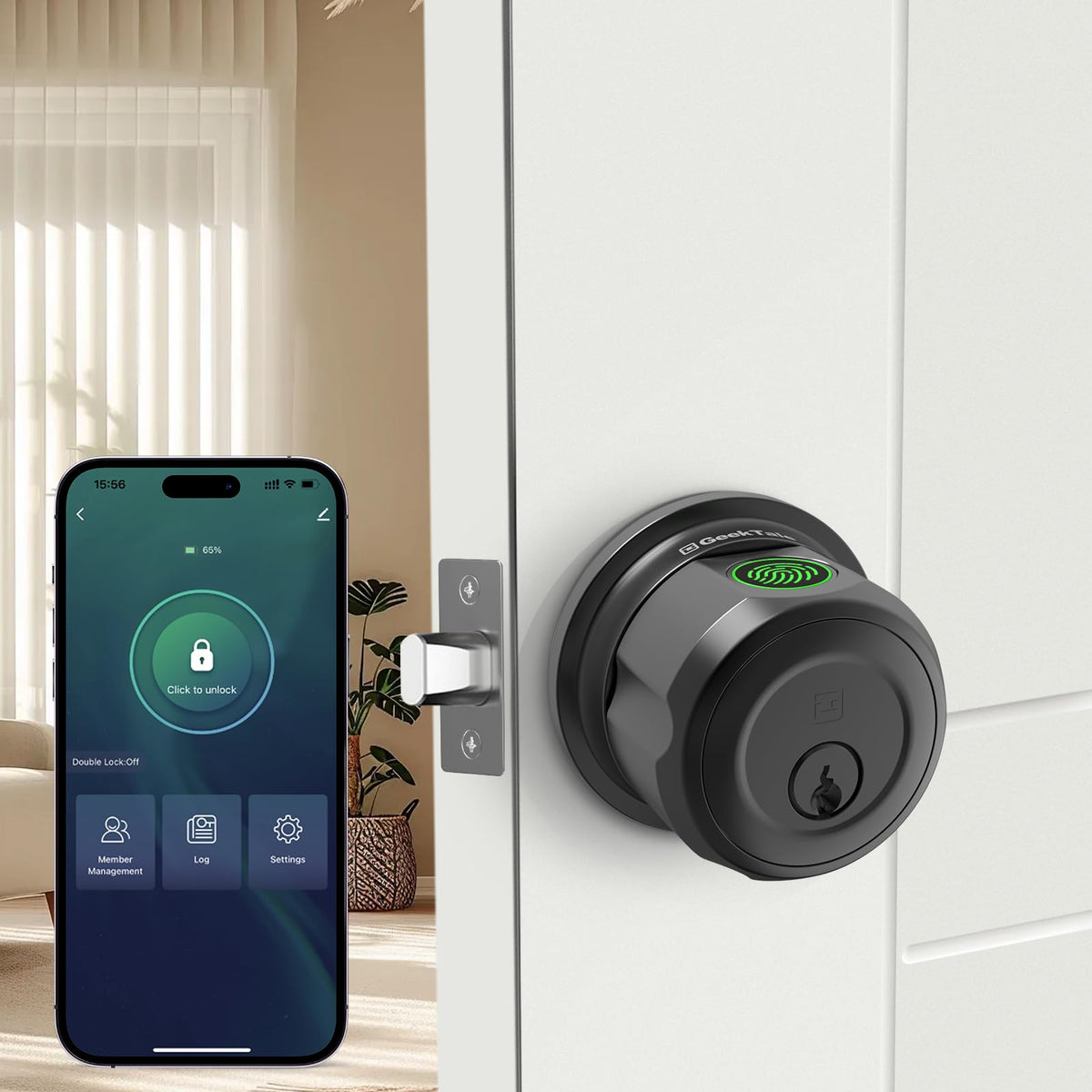 Geektale fingerprint deadbolt on front door, offering keyless entry and quick access.