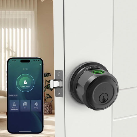 Geektale fingerprint deadbolt on front door, offering keyless entry and quick access.