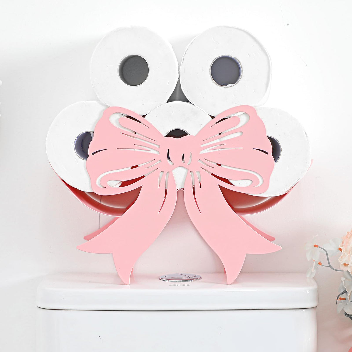 Geelin Bow toilet paper holder front view shows a cute space-saving bow design