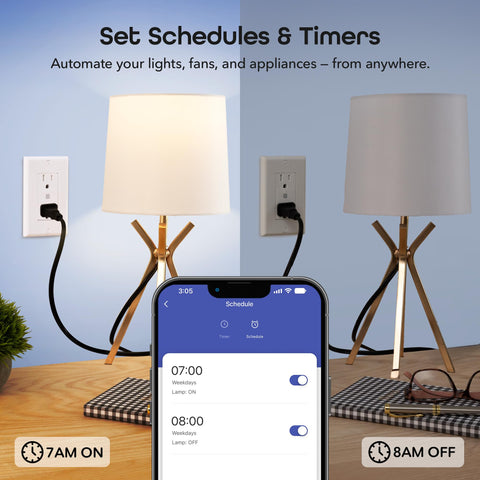 Geeni app control screen demonstrates scheduling and remote on/off.