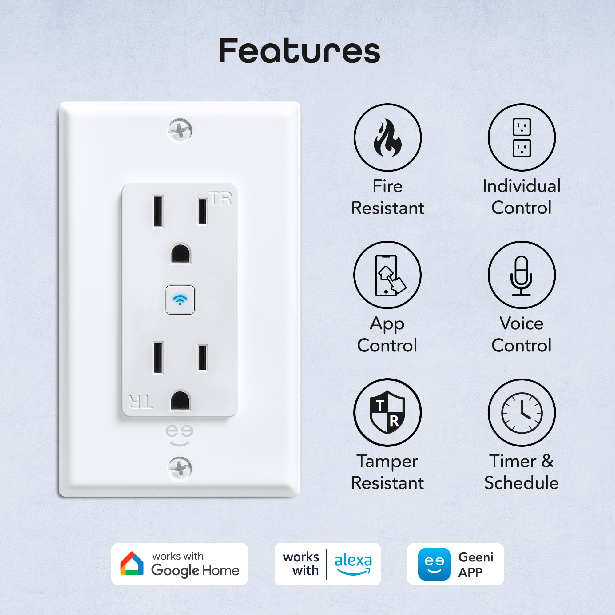 Geeni in-wall dual-outlet unit highlighting safety for kids and pets.