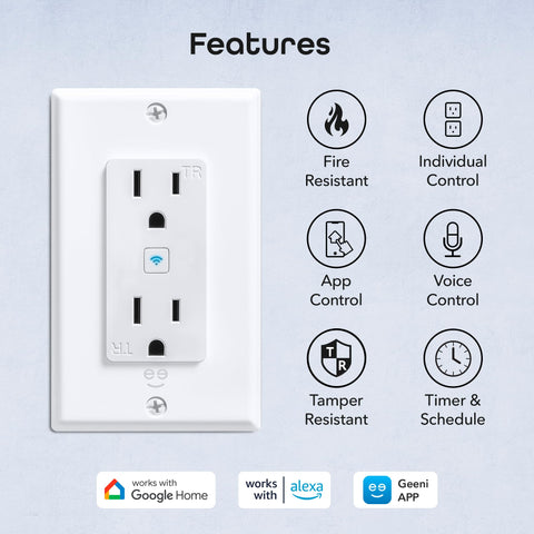 Geeni in-wall dual-outlet unit highlighting safety for kids and pets.