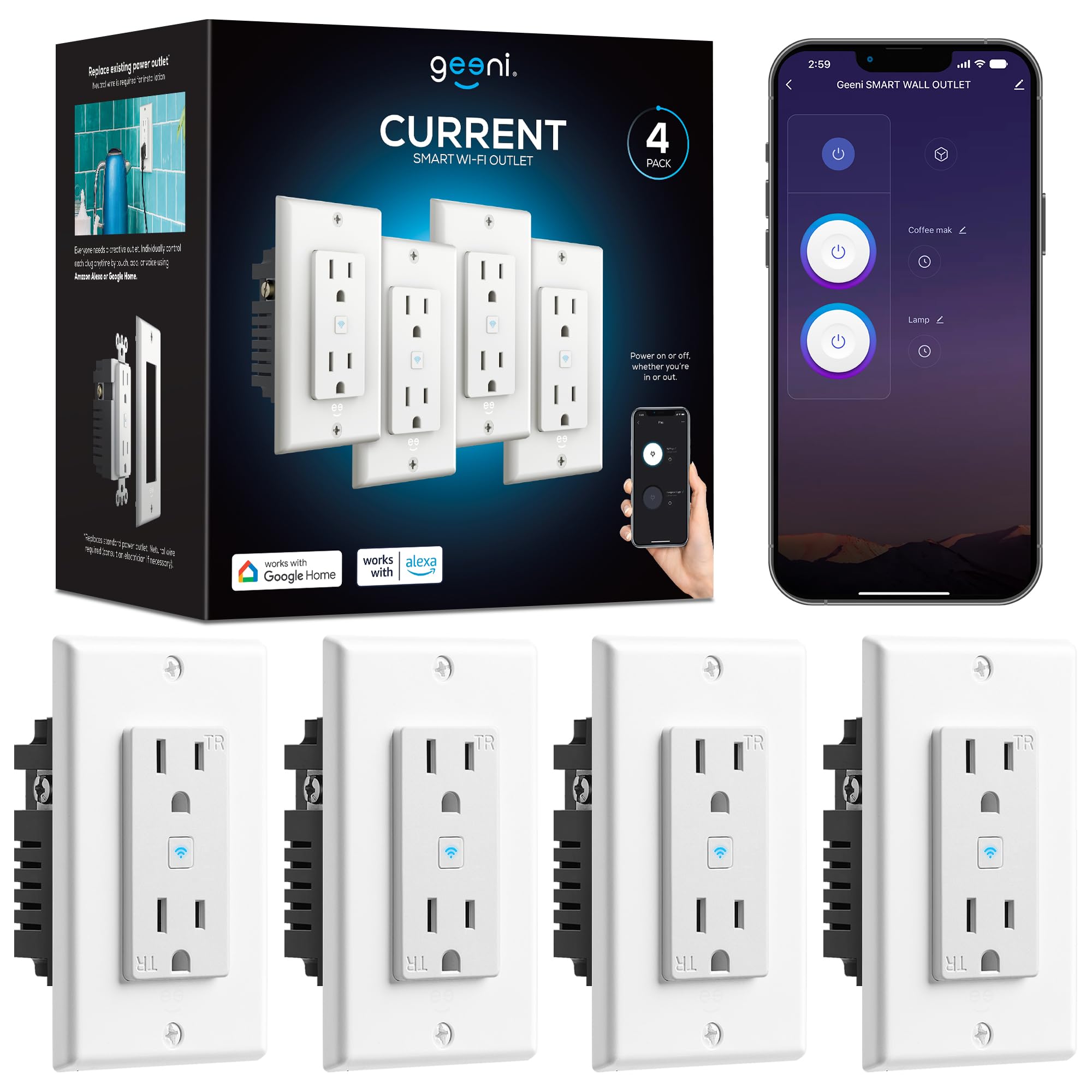 Geeni in-wall outlet front view with dual outlets for convenient control.