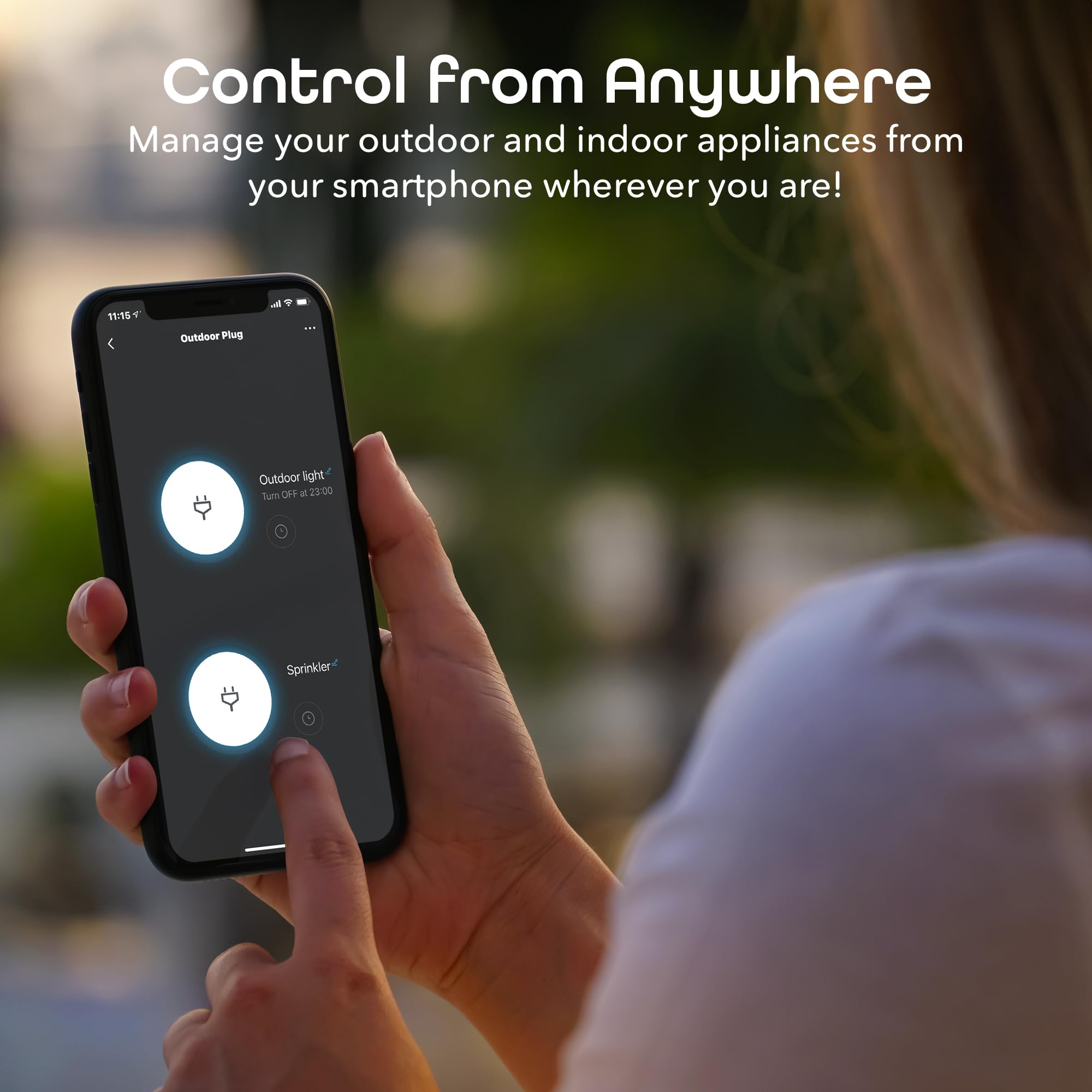 Geeni app remote control for outdoor outlets from anywhere.