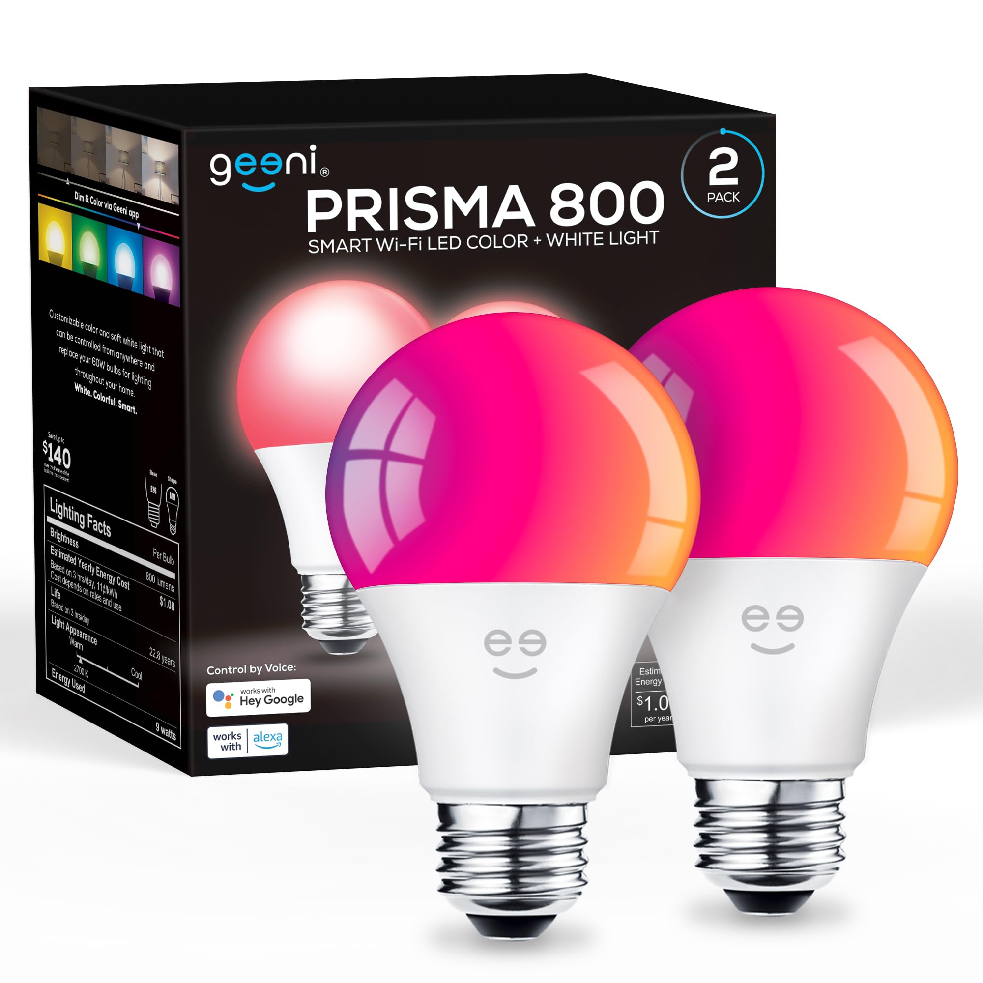 Geeni Prisma color-changing RGBW LED A19 bulbs illuminate moods for any room.