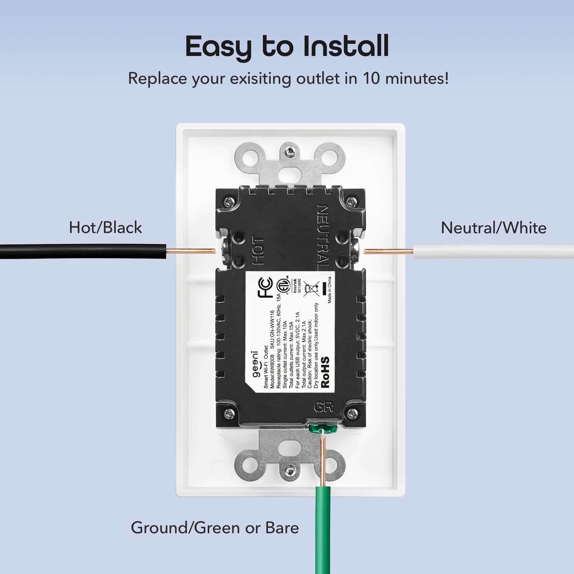 Geeni quick-install diagram highlighting a 10-minute wiring swap.
