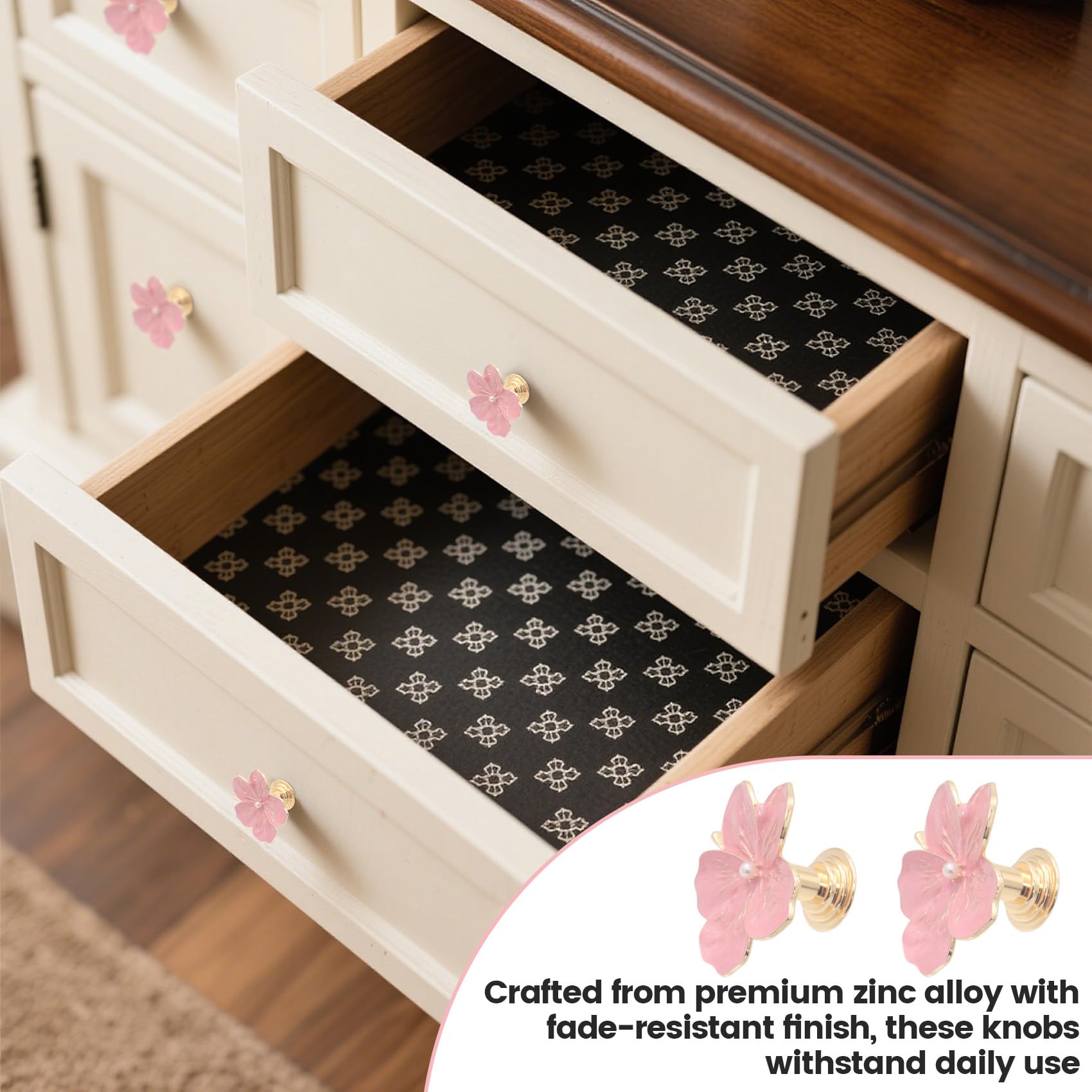 Geesatis flower pink knob mounted on a kitchen cabinet