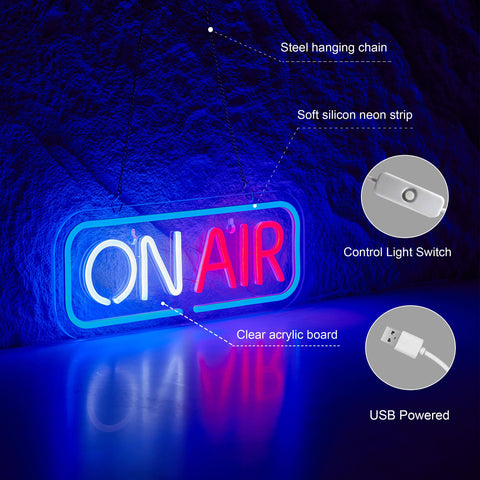 Geewkooy ON AIR neon sign acrylic face offers clear illumination for photos and events.