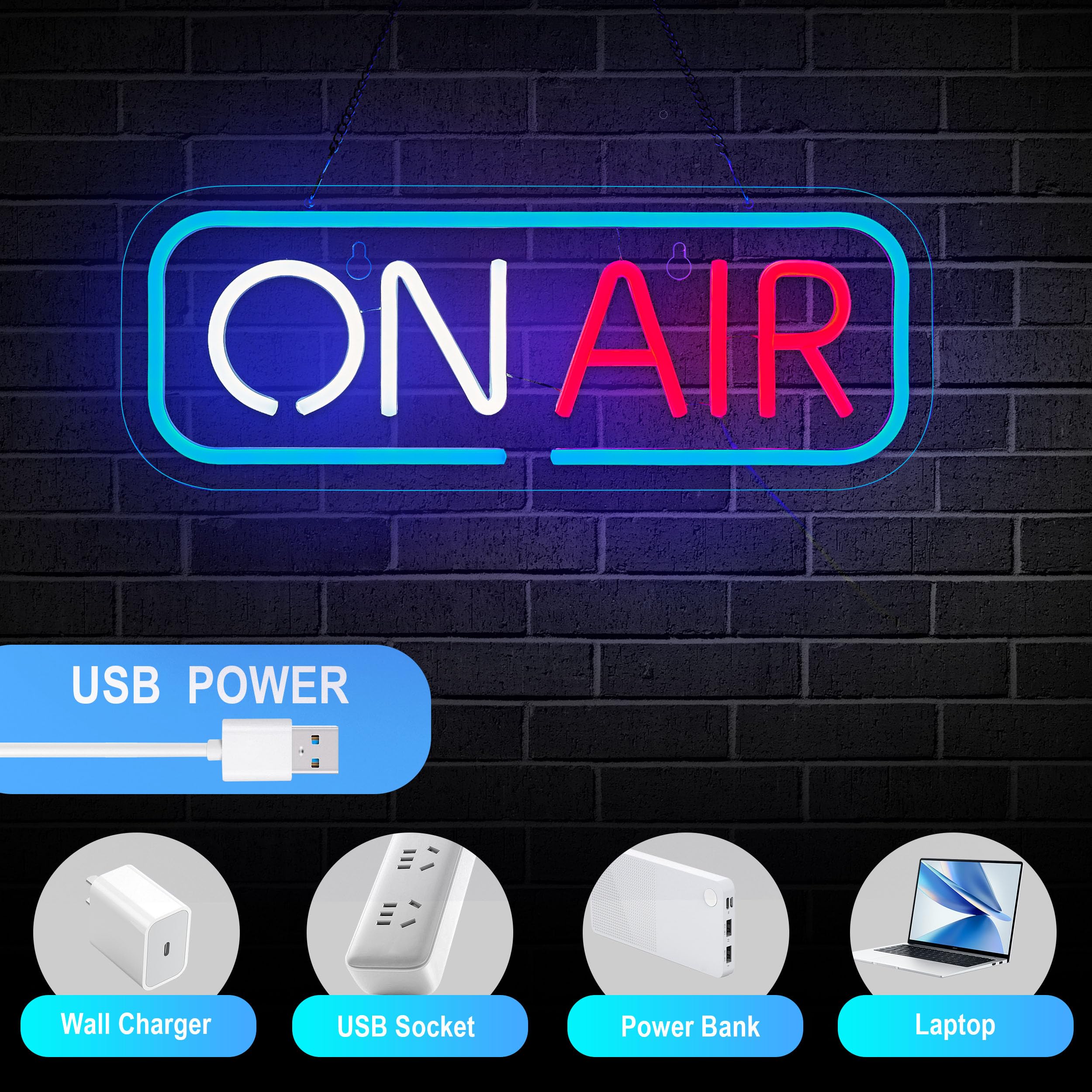 Geewkooy ON AIR neon sign USB cable enables flexible power placement.