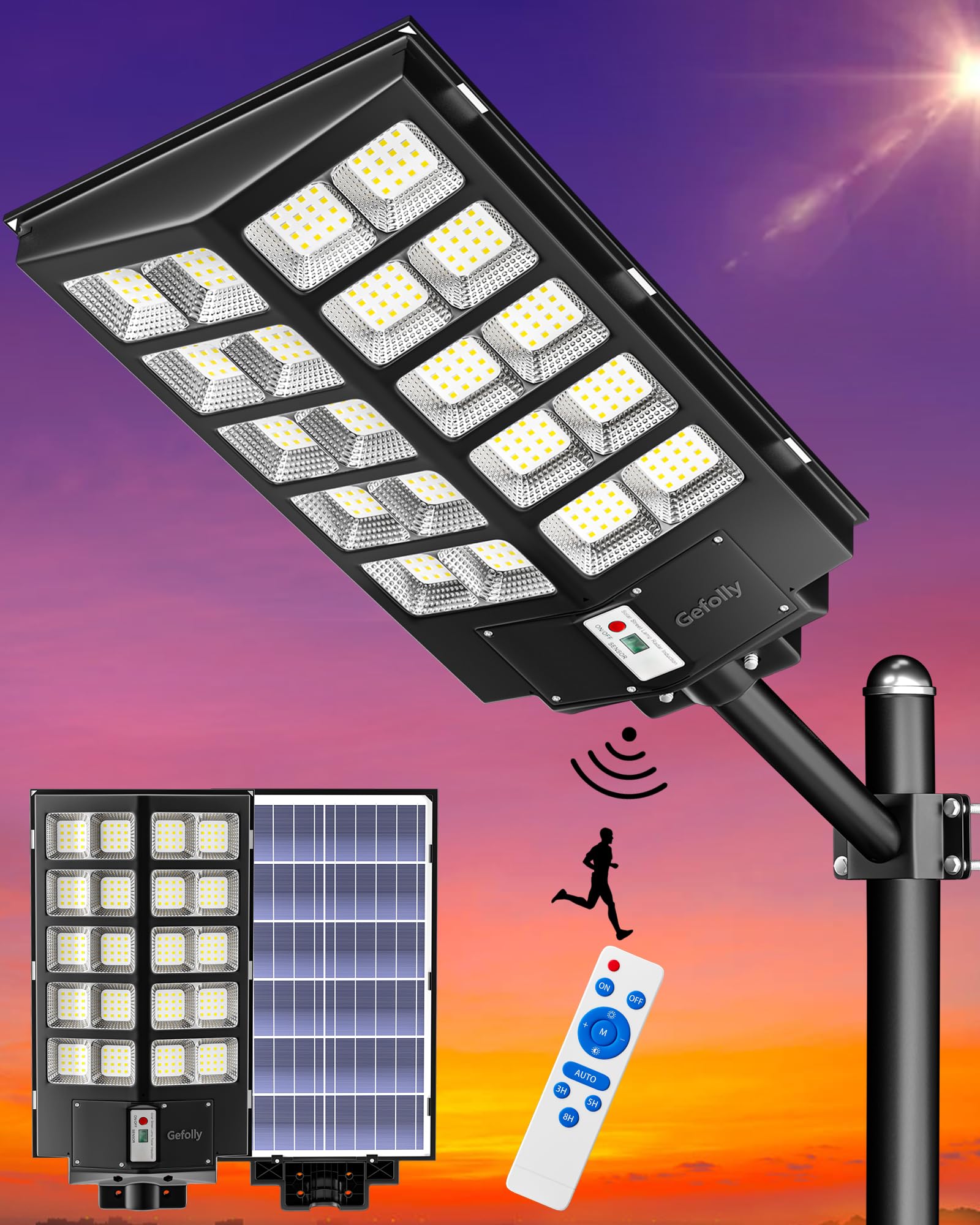 Gefolly SL-5200W outdoor solar street light on a pole provides reliable night visibility.