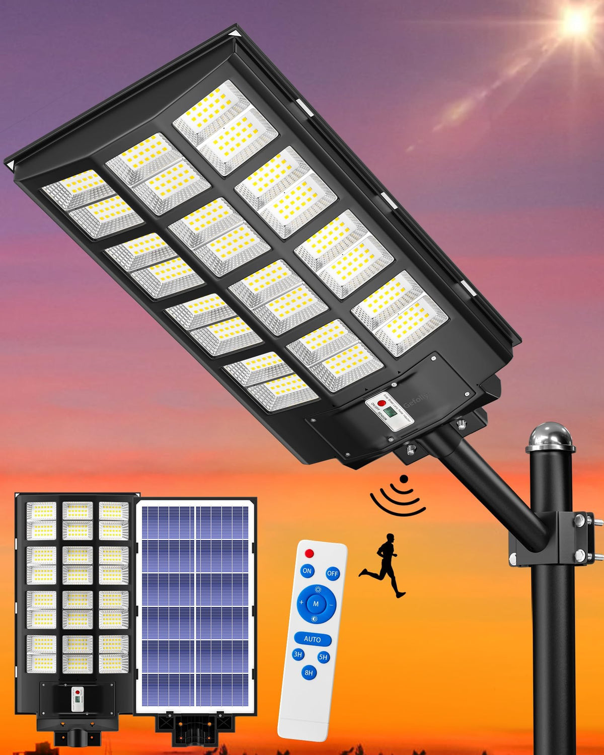 Gefolly SL-6000W solar street light installation on exterior wall for outdoor safety